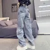 Pantalones Vaqueros de Pierna Recta con Dobladillo Curvo para Mujer Primavera 2026 Nuevos Americanos Tallas Grandes Chicas Gorditas Cintura Alta Adelgazantes Sueltos Pierna Ancha Pierna Recta