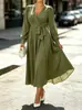 Comércio Exterior Transfronteiriço Europeu e Americano Tamanho Plus Outono 2026 Novo Vestido Elegante de Gola V Cor Sólida Cintura Marcada Comprimento Médio