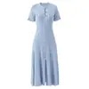 Vestido Estilo Francês, Vestido Longo de Tricô, Moda Feminina Transfronteiriça 2026, Elegante Vestido de Tricô Slim-Fit com Manga Curta, Gola Redonda e Fenda