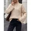Suéter de gola alta, suéter feminino transfronteiriço europeu e americano, pulôver de caimento solto com mangas sino, blusa de tricô de gola alta meia, estilo casual