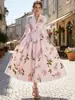2026 E-commerce Transfronteiriço Amazon Novo Produto Elegante Temperamento Estampado Decote V Cintura Marcada Manga Longa Cinto Vestido Longo