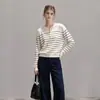 Suéter de punto a rayas de manga larga estilo francés para mujer, una capa interior elegante y única para primavera y otoño, un top de jersey