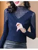 Camisa Feminina Ning Xinyi Outono/Inverno com Renda Preta em Malha Manga Longa Slim Fit Gola Alta Base Moda