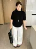 Top versátil de cuello semi-alto para mujer talla grande, estilo otoño 2026, camiseta de punto holgada de manga corta fruncida para mujer talla grande