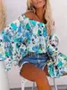 En Stock Ropa de Mujer de Comercio Exterior Transfronterizo Europeo y Americano, Tops Estilo Vacaciones Casuales con Escote Bardot/Asimétrico y Mangas de Campana Estampadas