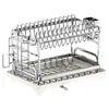 Escurridor de platos de cocina de acero inoxidable, organizador de doble capa para tazones y platos con bandeja de goteo, portacuchillos y palillos, almacenamiento en encimera y escurridor de platos