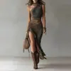 2026 Estilo Europeo y Americano Transfronterizo Nuevo Retro Estampado Patchwork Asimétrico Vestido Largo Ajustado Vestido de Abertura Alta