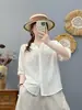 Camisa de Lino de Verano, Blusa Lisa de Cuello en V de un Solo Botón, Corte Holgado, Adelgazante, Cárdigan Versátil de Manga Corta para Mujer