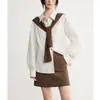 Camisa de manga comprida ELLF com retalhos listrados marrons estilo francês para mulheres, novo design da primavera de 2026, camisa casual elegante para o trabalho