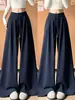 Pantalones deportivos de mujer azul marino estilo americano de cintura alta, nuevo modelo otoño 2026, corte holgado, con caída, casual, relajados de pierna ancha