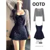 Vestido azul marino con estampado floral y tirante largo para mujer, hermoso atuendo de verano estilo coreano para cuerpo tipo pera, vestido Berkeley