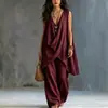 2026 Europeu e Americano Transfronteiriço Amazon Primavera/Verão Feminino Sem Mangas Gola Alta Cor Sólida Elegante Solto Algodão Linho Estilo Férias Conjunto