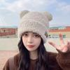 Gorro de Lana Tejido con Orejas de Gato para Mujer, Versión Coreana de Otoño e Invierno, Forrado con Polar, Cálido, Versátil, Lindo, Gorro de Punto de Estilo Japonés Trendy