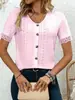 Moda Feminina Transfronteiriça Primavera/Verão 2025 Estação Independente Europeia e Americana Amazon Nova Camiseta Jacquard Vazado Decote V Botão Renda Patchwork