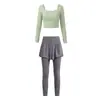 Conjunto de Roupa de Yoga com Controle Abdominal Feminino, Gola Quadrada Manga Longa Falso Duas Peças Calça Longa, Bojos Embutidos, Conjunto Esportivo para Corrida ao Ar Livre, Outono