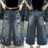 Jeans largo rasgado plus size para mulheres, estilo fino de verão 2026 novo modelo, calça reta cropped solta que emagrece para mulheres plus size