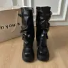 Fivela de Cinto Wind Cool Hot Girl Botas de Cano Longo de Duas Vias Salto Bloco Calças Compridas Novas Botas de Motocicleta Estilosas de Outono Botas Longas Removíveis