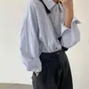 Jaqueta Camisa Listrada Azul Nova Estilo Ins para Mulheres 2026, Top de Manga Longa Estilo Francês para Primavera e Outono com Design Fino