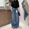 Jeans de tiro alto, estilo workwear, pierna ancha para mujer, moda coreana, modernos y geniales, corte holgado, con múltiples bolsillos, pantalón largo, efecto adelgazante, diseño de pierna recta, adecuados para otoño e invierno