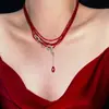 Colar Camadas com Contas de Cristal Vermelho Colar em Formato de Cobra Gargantilha Gota Pequena de Cobra Estilo Nicho Elegante Corrente de Clavícula de Cobra
