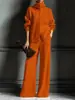 Conjunto de Tricô de 2 Peças Outono e Inverno Novo Europeu e Americano Transfronteiriço Cardigã de Gola Alta Cor Sólida com Manga Longa e Calça de Cintura Alta