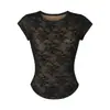 Camiseta pura y seductora sexy de cuello redondo y manga corta para mujer, nuevo top blanco de encaje para el verano de 2026, ajustado, adelgazante, para chica hot