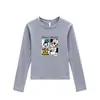 Camiseta Cinza de Gola Redonda e Manga Longa para Mulheres, Novo Estilo Primavera e Outono, Estampa de Desenho do Mickey Mouse, Top de Corte Justo, Camiseta Base