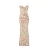 Vestido Largo Floral Estilo Francés con Tirantes Finos y Encaje, Lazo, Ceñido a la Cintura, Corte Ajustado, Bodycon para Mujer