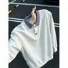 Sudadera con solapa de dos piezas falsas para hombre, Otoño, Estilo Americano Moderno, Camisa Polo, Patchwork de Cuadros, Holgada, Manga Larga, Top de Capa Interior