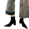 Botas Finas Elásticas de Couro Macio Estilo Francês para Afinar o Tornozelo Femininas, Botas de Salto Alto Peep-Toe com Salto Grosso Bico Fino Patchwork Inspiradas em Chanel para Mulheres