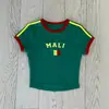Camiseta de Manga Corta con Bloques de Color Estilo Americano Bordado de Letras Retro Nueva Ajustada Corta para Mujer Cuello Redondo