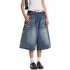 Shorts Jeans com Bordado Estilo High Street Americano para Homens e Mulheres, Calça Cropped Casual Tendência de Verão, Calça Solta Lavada de Comprimento Médio