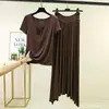 Conjunto de moda casual de dos piezas para mujer de verano: camiseta de modal con cordones, cuello redondo y manga corta, y falda larga de cintura alta con cordón