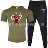 Moda de Comércio Exterior Camiseta Masculina de Manga Curta Calça Terno Casual Gola Redonda Cor Lisa Estampa de Letras Roupa Esportiva Casual