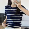 26 Novidades Primavera/Verão Malha 100% Algodão Estilo Coreano Cor Color-Block Listrado Manga Curta Feminino Solto Modelador Gola Redonda Camiseta Top