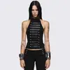 Top europeo y americano punk oscuro sin mangas de cuello halter, top corto sexy negro con múltiples correas de cuero y cierres de bola metálica