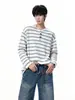 Camiseta Henley de Manga Larga a Rayas Retro Perezosas para Hombre, Camisa Base Casual Versátil de Bloques de Color Holgada