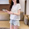 Playera de Manga Corta con Aspecto Adelgazante para el Hombro Derecho para Mujer Verano 2025 Nuevo Diseño Niche Versátil de Talla Grande Suelto Top Corto