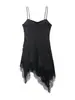 Vestido de Verano 2026 Estilo Nuevo Sexy Estilo Europeo y Americano para Mujer con Ribete de Encaje y Tirantes Finos, Vestido Corto de Color Sólido con Dobladillo Irregular