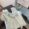 Suéter Patchwork Azul Dulce con Lazo para Atar, Tejido de Punto Holgado Adelgazante, Suéter de Punto de Encaje Suave