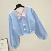 Suéter corto de punto estilo preppy coreano para mujer, casual, versátil, con lazo pequeño, rejuvenecedor, dulce