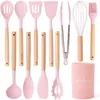 Juego de Utensilios de Cocina, Juego de Utensilios de Cocina para Cocinar, Cuchara, Espátula, Resistentes al Calor, 12 Piezas, Antiadherentes, Silicona de Grado Alimenticio y Mangos de Madera, Juego de Herramientas de Cocina