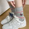Calcetines de Cachorro Bordados a Rayas Estilo Coreano Otoño e Invierno para Mujer Doble Aguja Algodón Puro Calcetines Medianos Nicho Estilo Extranjero Ropa Exterior Calcetines Apilados