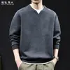 "Moletom Pesado Gola V Estilo Old Money para Homens, Cinza Outono, Modelagem Solta, Tamanho Grande, Camada Base"