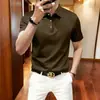 Camisa polo casual de manga curta lisa de seda gelada sem costura de marca francesa de luxo para homens, elástica, slim fit, sem rugas, camiseta anti-amassado