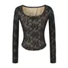 Camiseta de manga larga con escote en U y ribete de encaje, puramente seductora, para mujer, verano y otoño, elegante, entallada, jacquard, que ciñe la cintura, top sexy