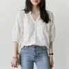 Suministro Transfronterizo 2025 Nuevas Blusas Chic Holgadas y Versátiles Camisas Sencillas Camisas Bordadas con Aberturas y Cuello en V para Mujer