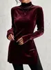 Top largo de terciopelo de cuello alto con abertura para mujer 2026, venta al por mayor transfronteriza, camiseta básica ajustada de manga larga para otoño e invierno