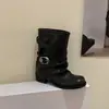 Primeiro Encontro Ji Retro Nicho Botas Empilhadas Femininas Fivela de Couro Salto Grosso Meio da Panturrilha Botas de Cavaleiro Botas de Tornozelo de Verão Botas Western Botas Femininas