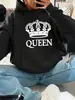 Sudadera con capucha de ante cálida, holgada y casual para mujer, con estampado de letras 'Queen', para otoño e invierno